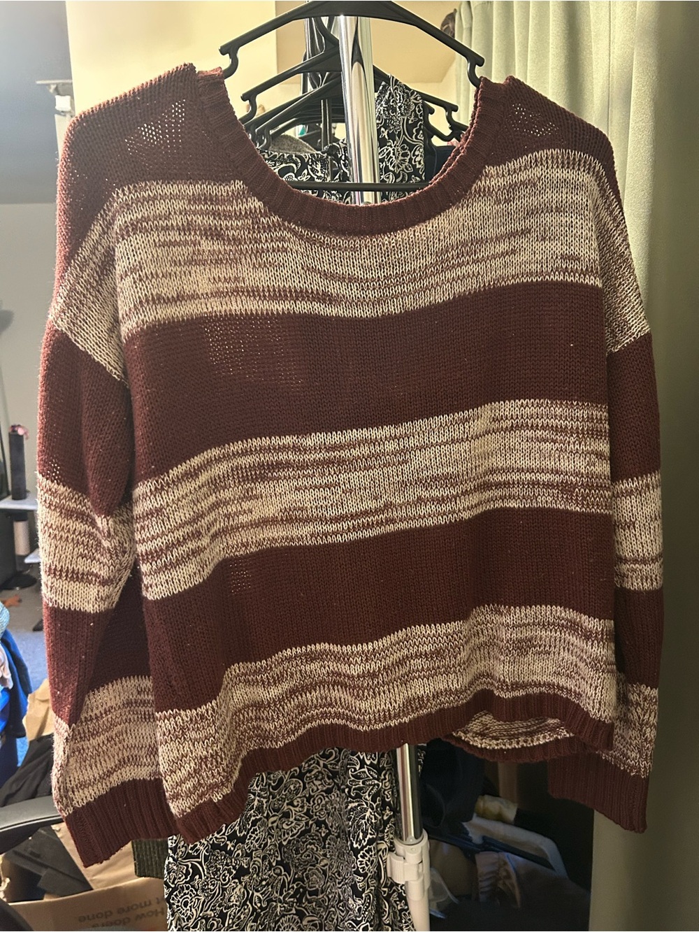 Striped Crewneck Sweater in Burgundy and Cream
